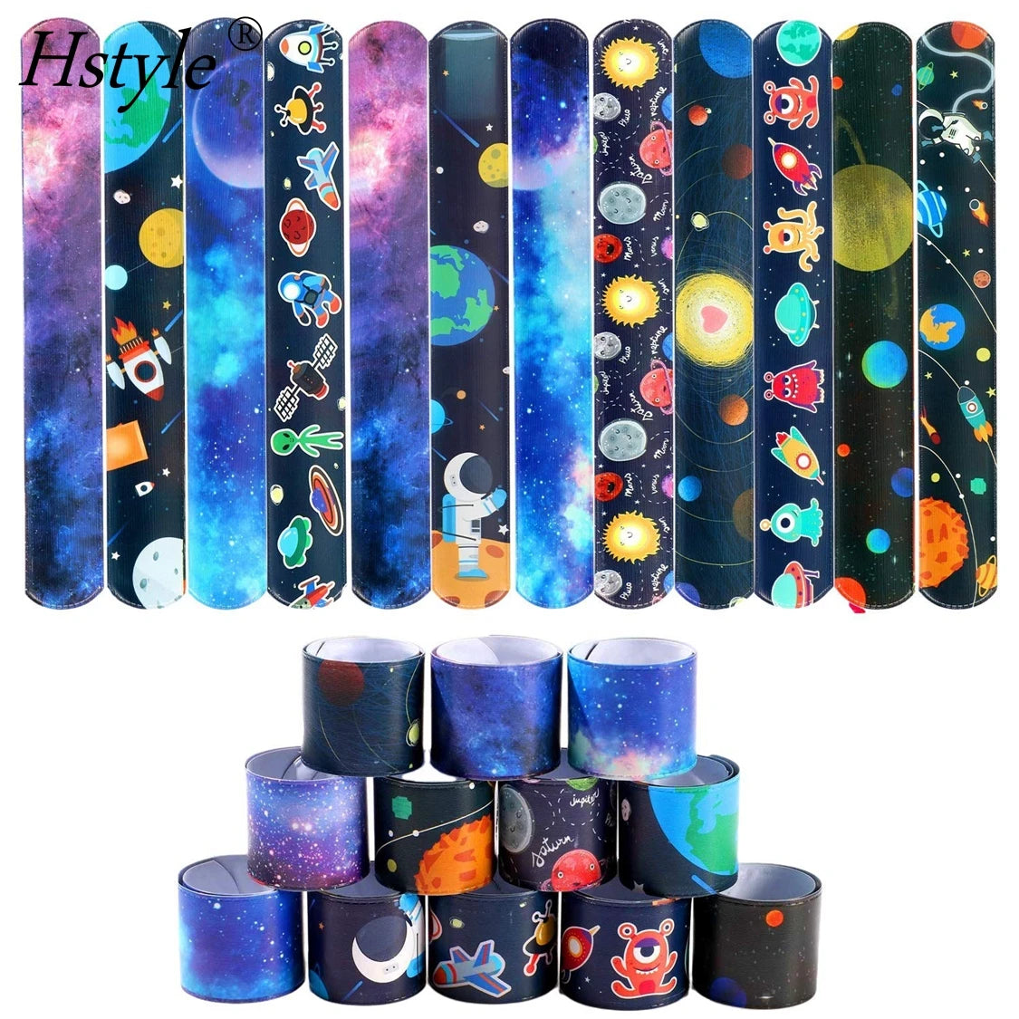 48 Pcs Space Slap Bracelets Space Toys Planet Design Kids Bracelets Snap Bands Class Prize Outer Space Party Decors SD1394