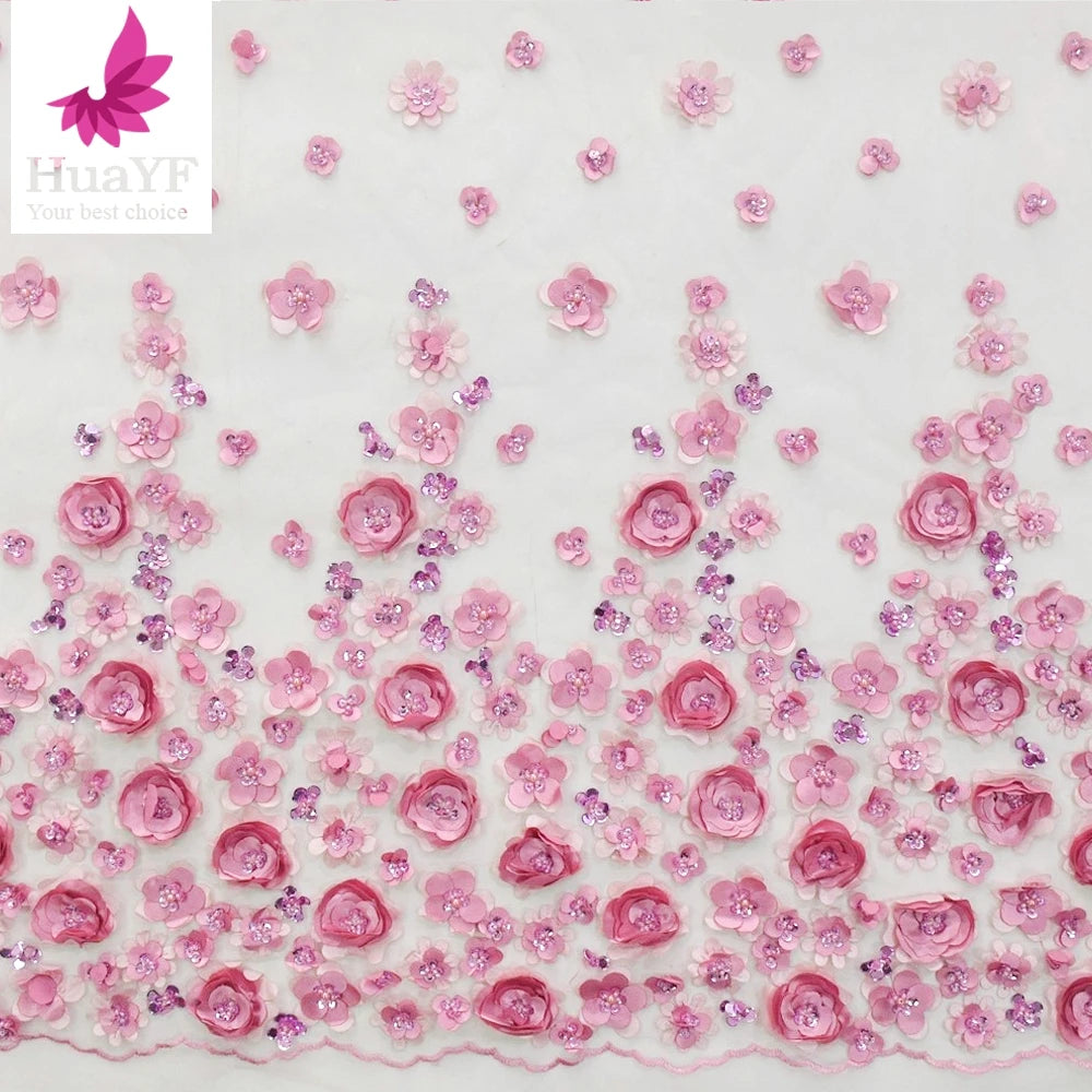 Good Quality Pink 3D Flower Handmade Beaded Embroidered Fabric With Sequins Nigerian Lace Fabric 2021 HY1633
