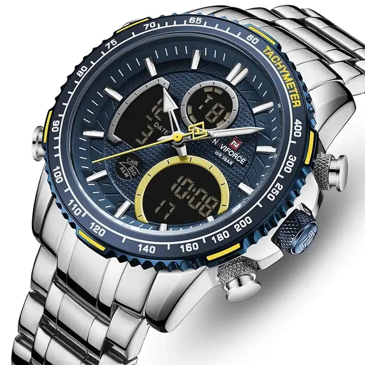 NAVIFORCE 9182  Watch for Men Waterproof Sport Watch Top Gift New Mens Dual Display Digital Stainless Steel Wristwatches