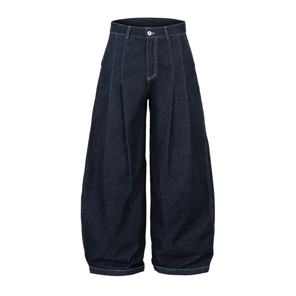 Fashion Designer Scimitar Pants Men's Jeans Hip Hop Rock Fitting Pleated Floor Length Jeans Pants for Men