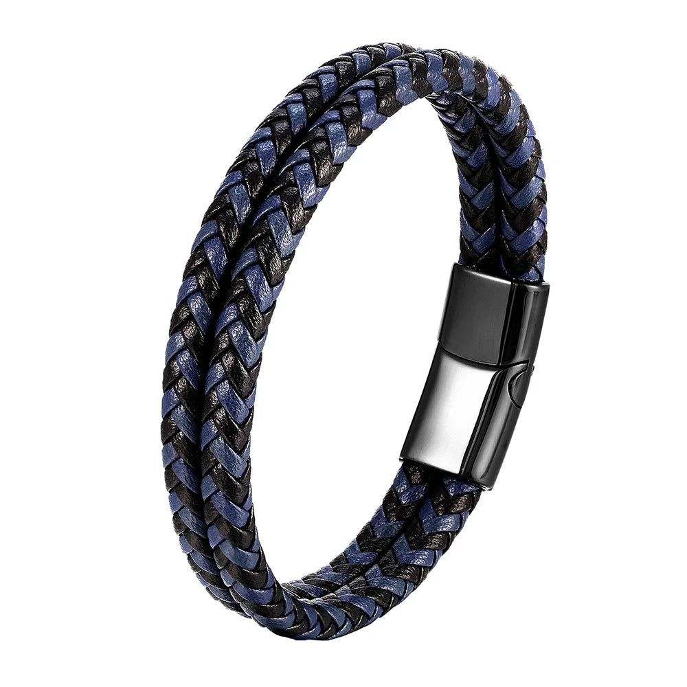 European Fashion Men's Trendy Personalized Simple Handmade Silver Plated Stainless Steel Magnetic Clasp Braided Leather Wrap