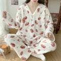 Flannel V-neck Cute Printed Long Sleeved Pants for Warm Women's  Pajamas