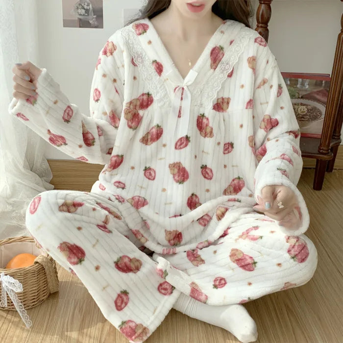 Flannel V-neck Cute Printed Long Sleeved Pants for Warm Women's  Pajamas