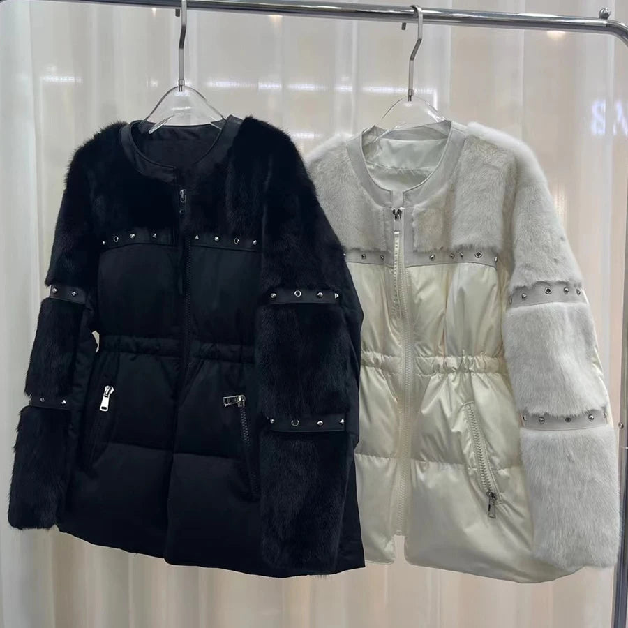 OFTBUY 2023 Women's Casual Style White Goose Feather Short Jacket with Real Mink Fur Shawl and Riveted Coat Winter Streetwear