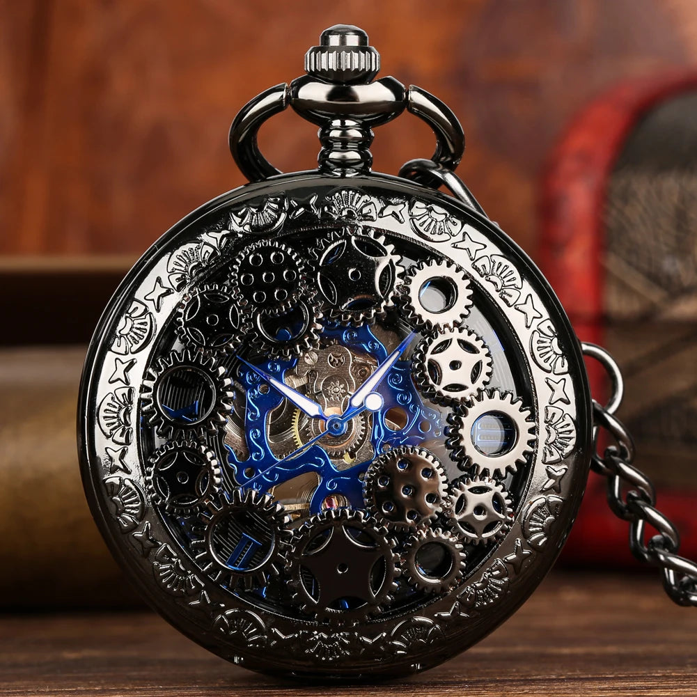 Antique Style Black Hollow Gear Skeleton Mechanical Steampunk Pocket Watch With Roman Dial for Men