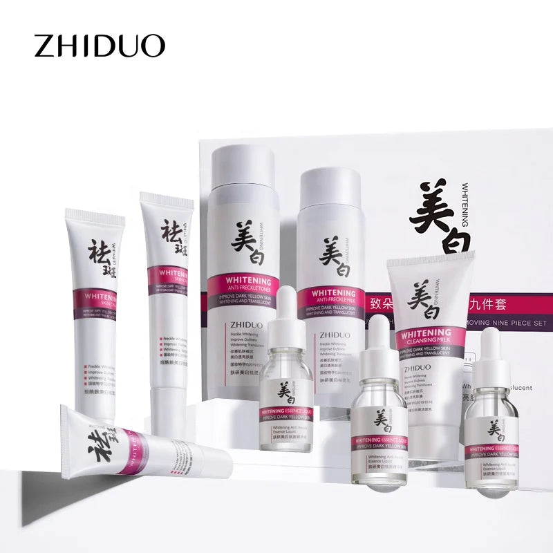 Hot Selling ZHIDUO Private Label Skin Care Skin Whitening Skin Research Bright White Nine Piece Set