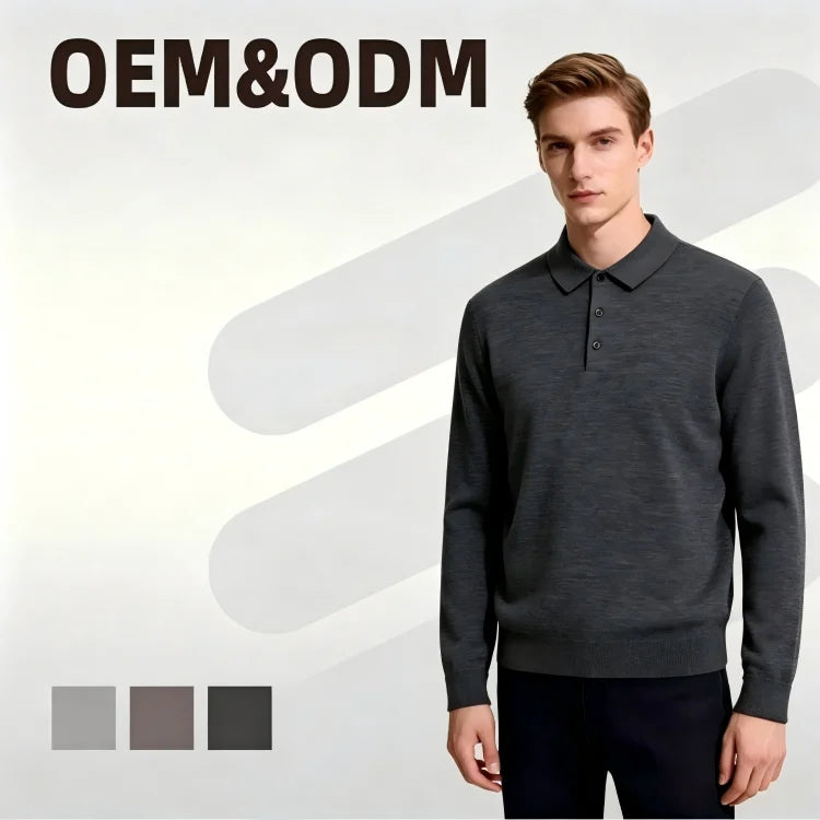 Custom Labels Wholesale Autumn Winter Mens Long Sleeve 100% Merino Wool Polo Collar Sweater
