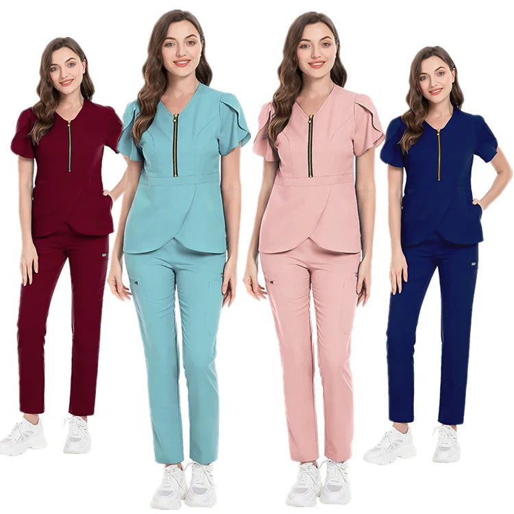 4 Way Stretch Rayon logo Custom Zip Top Pant Medical Beauty Hospital Women's Doctor Nurse Dentist Scrubs Set Uniform Scrubs Suit