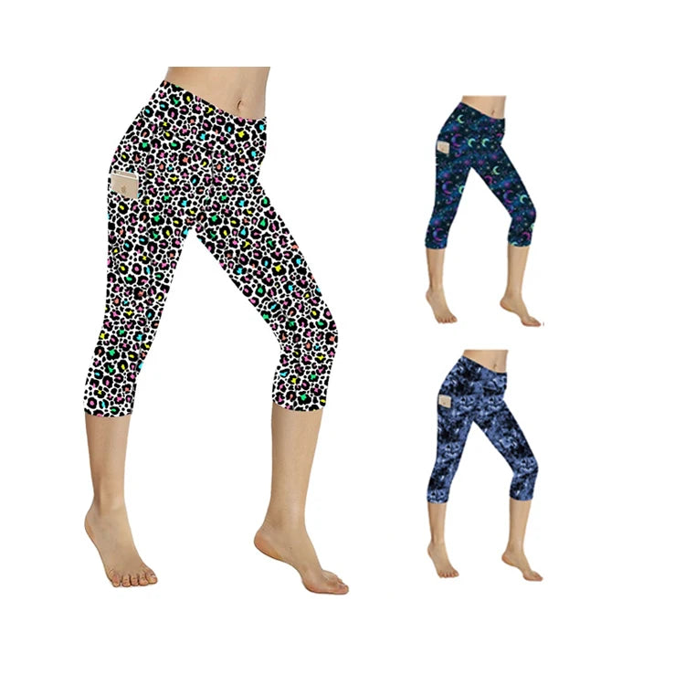 Newest Custom Design Buttery Soft Double Side Brushed Hybrid Rainbow Stars Digital Print Capri Leggings With Pockets