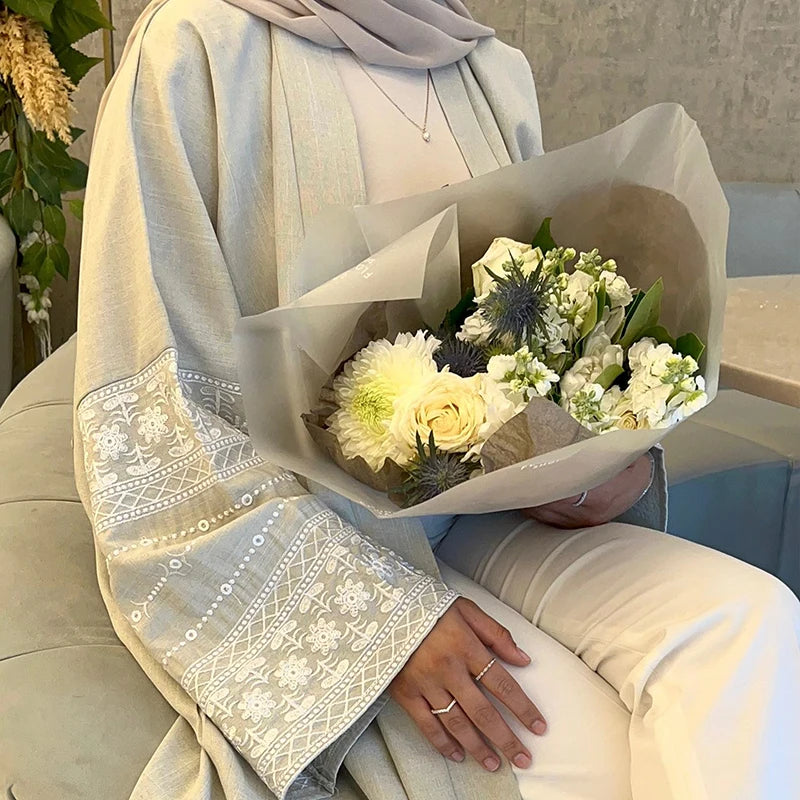 2024 New Arrival Embroidered Modest Open Abaya for Women Solid Color Linen Traditional Islamic Muslim Clothing Turkey Muslims