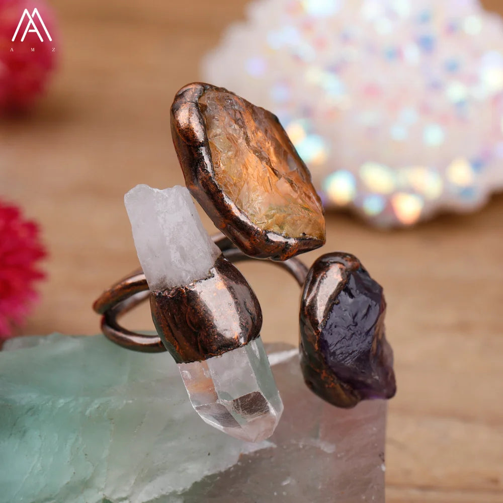 Healing Crystal Quartz Point Rings Amethyst Citrine Antique Brass Chakra Jewelry Spiritual Gift for Men Women