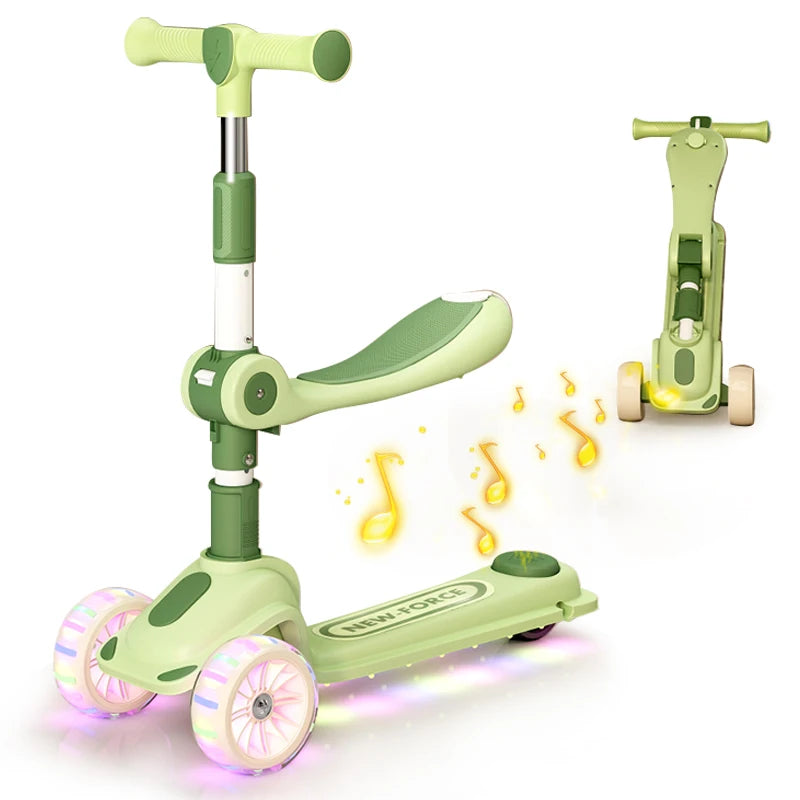 Flashing 3 Wheel Lights Scooter Kids Adjustable Height Handlebars and Removable Seat Folding Kick Scooters for Boys & Girls