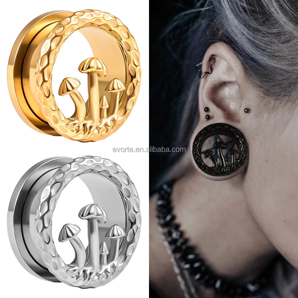 Evorte Mushroom Ear Plugs Tunnels Gold Ear Stretcher Gauges Expander Women Body Piercing Jewelry Party Stainless Steel Earrings