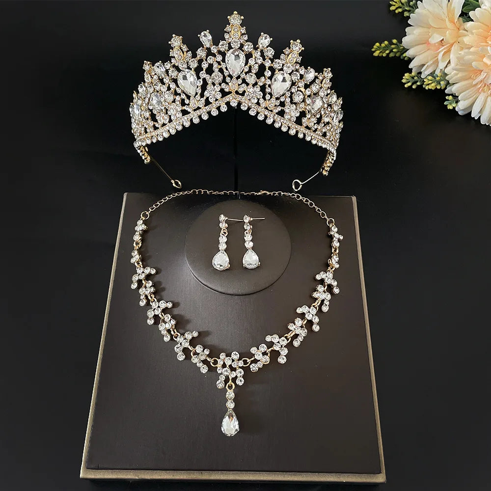 Vintage Bridal Crown Set Women's Party Beauty Pageant Tiara Rhinestone Wedding Engagement Gift Link Chain Necklace