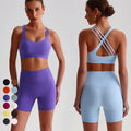 Custom Women's Cross Back Strappy Sports Bra Yoga Shorts 2-Piece Workout Set Solid Spandex/Nylon Buttery Soft Fitness Gym Active