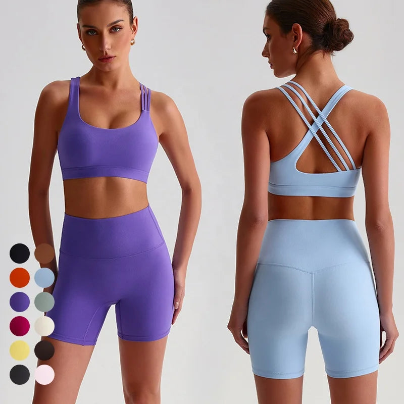 Custom Women's Cross Back Strappy Sports Bra Yoga Shorts 2-Piece Workout Set Solid Spandex/Nylon Buttery Soft Fitness Gym Active