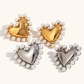 Dingran Women's Stainless Steel Heart Stud Earrings Waterproof Gold Plated Pearl Trendy Style