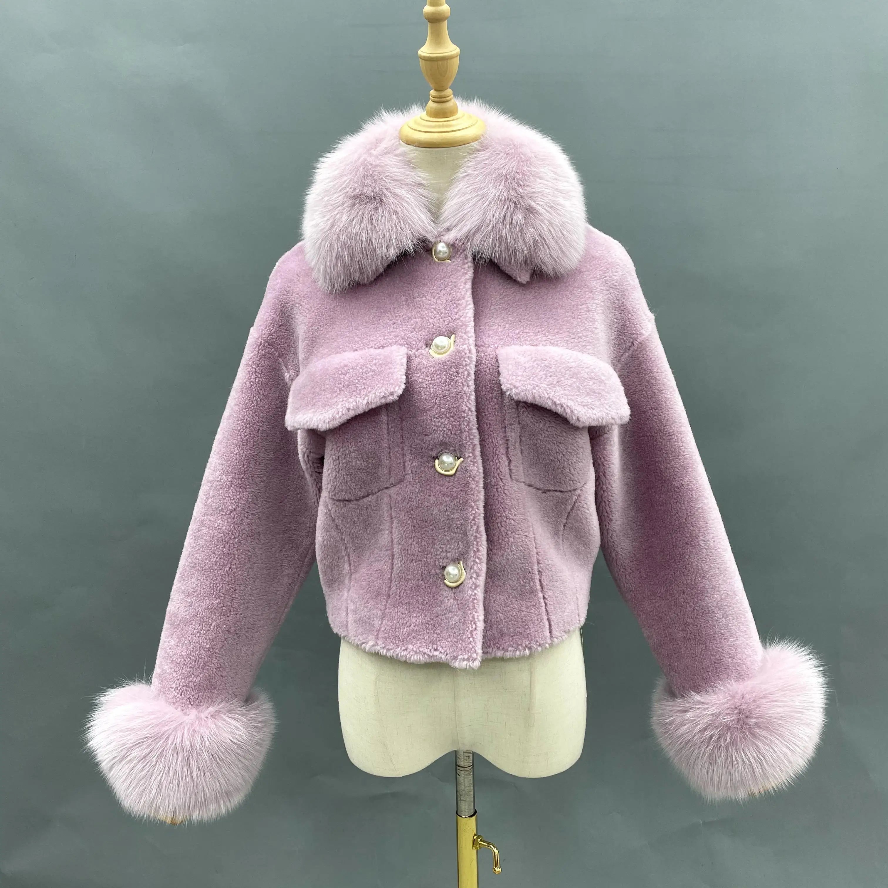High End Chic Cropped Chic Women Fur Collar Sheep Wool Shearing Jacket