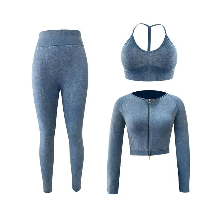 Wholesale Women Frosted 3 Piece Yoga Set With Jacket Gym Leggings Fitness Yoga Set Seamless Yoga Set 3 Pieces