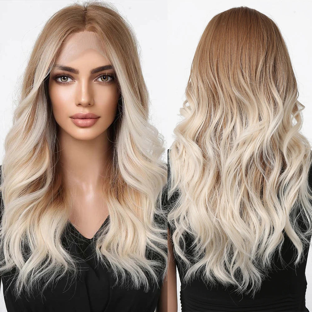 Factory Fast Delivery Long Curly Synthetic Lace Hair Wigs Red Brown Blonde Mid-Length Wavy Highlight Ombre Lace Front Wig