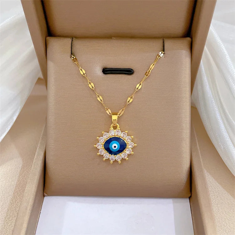 Wholesale Stainless Steel 18k Gold Plated Women Luxury Fashion Collar Chain Blue Oval Eye Necklace
