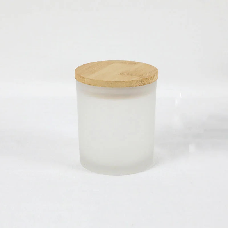 Custom Glass Frosted Candle Jar with Bamboo Wooden Lids Candle Accessories Glass Vessel Supplies for Scented Soy Wax Candles