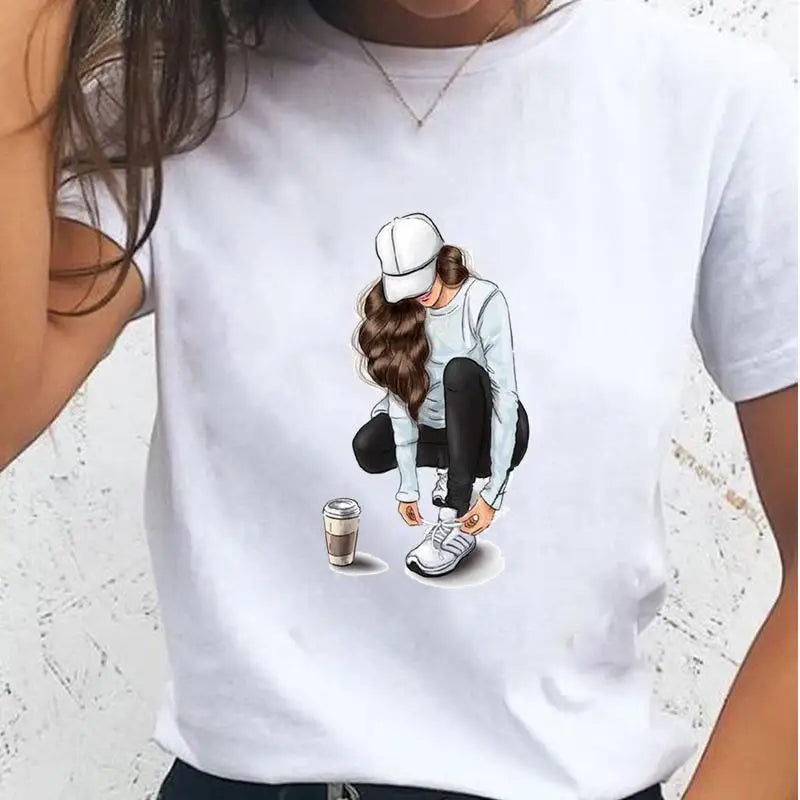 Cheap Women Casual Short Sleeves T-shirt Harajuku Sexy Women Print T Shirt Fashion Korean Trendy White Tops Female Tshirts