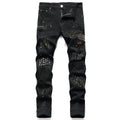 Men Ripped Hole Printed Jeans Fashion Raw Cut Edge Mens Stacked Jeans Rivet Designer Jeans