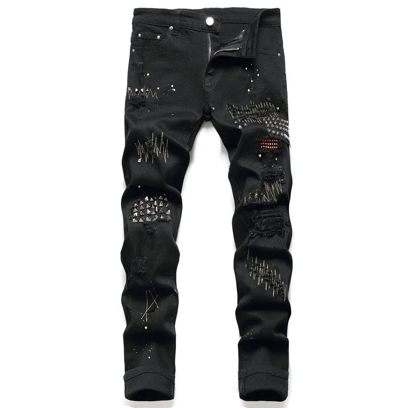 Men Ripped Hole Printed Jeans Fashion Raw Cut Edge Mens Stacked Jeans Rivet Designer Jeans