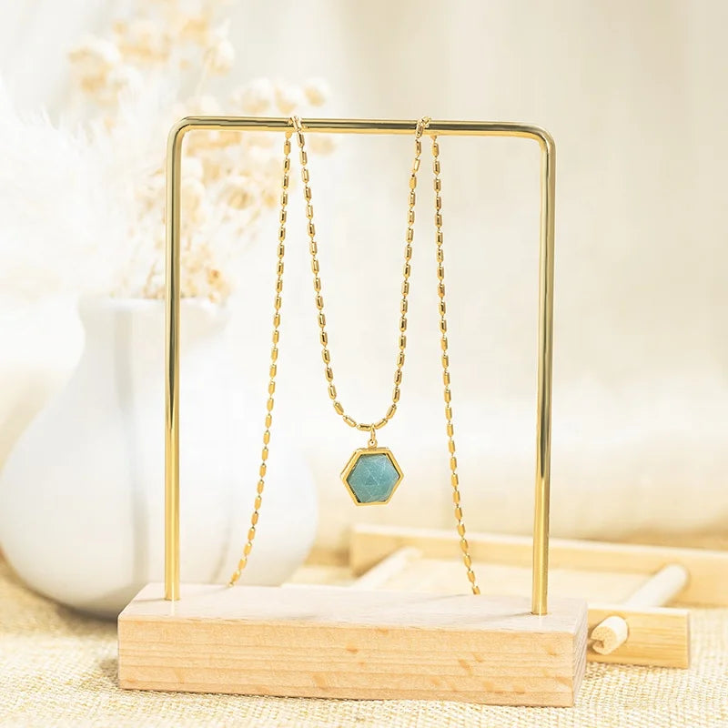 18K Gold Plated Stainless Steel Jewelry Natural Gemstone Blue Green Gem Stone Pendant Necklace