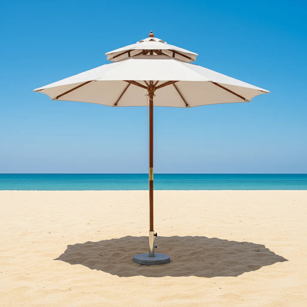 Wooden Double Pole Top Canopy Windproof Modern Design Champagne Frame Teak Finish 100% Polyester Cover 17x22mm Ribs Outdoor