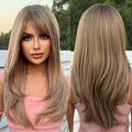 Factory Fast Delivery Synthetic Heat-resistant Wigs Brown Blonde Streaks with Bangs Straight Hair Natural Luster Soft