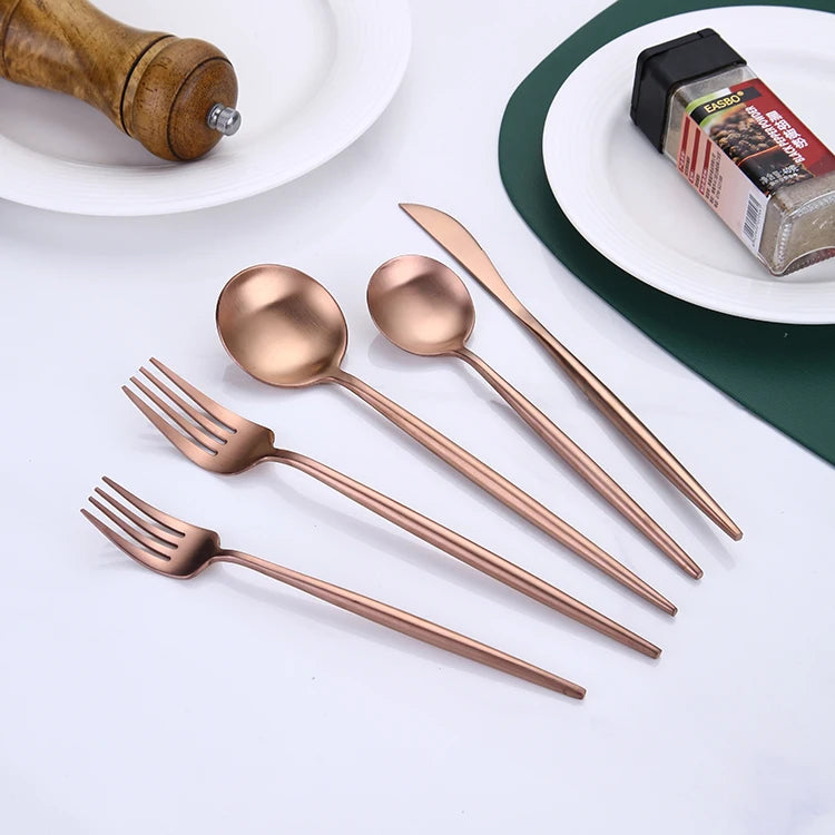 5-Piece Stainless Steel Vintage Flatware Set for Wedding Back to School Matte Rose Gold Royal Cutlery Home Use Unique Style