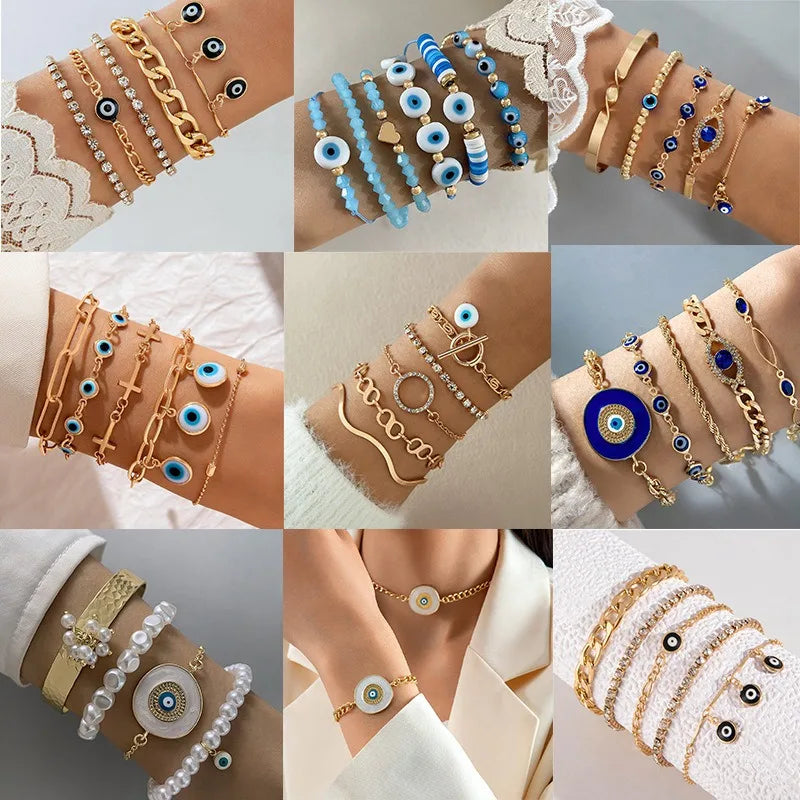 Wholesale Fashion Bohemian Style Multi Layer Blue Evil Eye Bracelet Set for Women Men