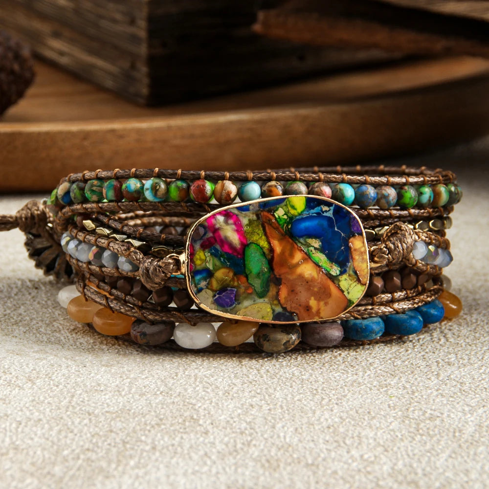 Fashion Jewelry Handmade Flat Turquoise Stone Mixed Pearl Glass Facet Hematite Multicolor Stone Charm 5 Strands Wrap Bracelets