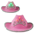 HelloWorld Sequin Edge Felt Cowgirl Hat Princess Party Led Light up Flashing Country Western Pink Cowboy Hat With Crown Tiara