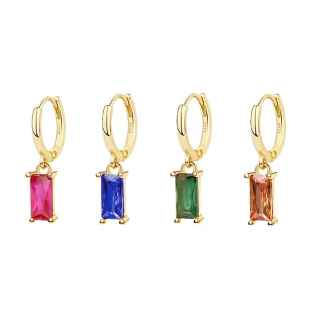 Best Selling Silver 925 Multi Color Dangle Drop Earrings Gold Plated Emerald Cut Baguette Zircon Hoop Earrings