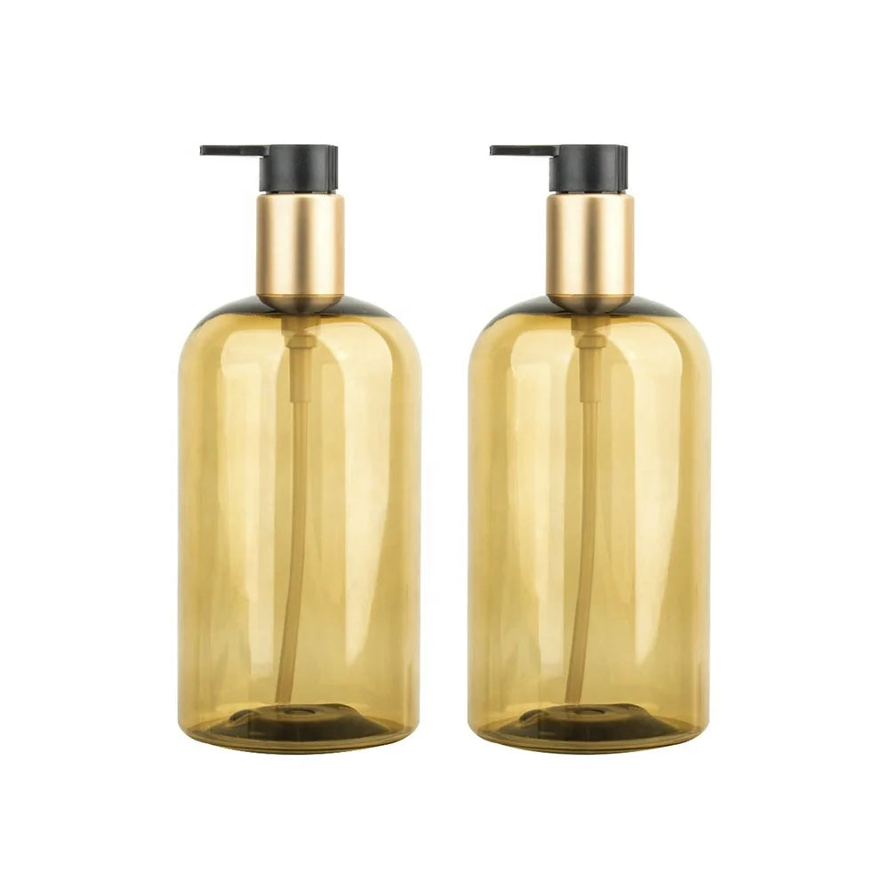 Custom Biodegradable PET 500ml Shampoo and Conditioner Bottle Gold Black Amber with Gold Pump for Lotion Use