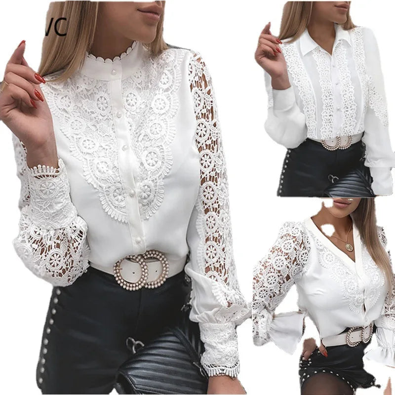 2026 Spring Fall New Clothing Long Sleeve Hollow Out Lace White Blouse Shirt