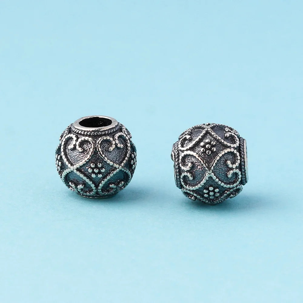 7.7mm Vintage S925 Sterling Antique Silver Round Bead with Heart for Jewelry Making Supplies
