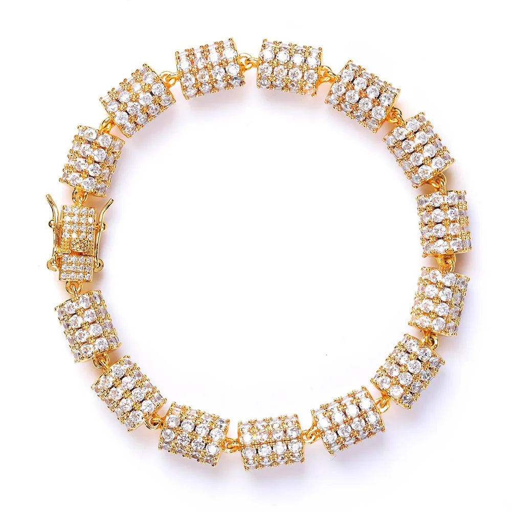 Hip Hop Fashion 10mm Cylinder Cut Bamboo Pave Iced Out Shiny Cubic Zircon Link Chain Copper Bracelet Jewelry for Men Women
