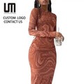 Liu Ming Hot Selling Custom Logo Women Printed O Neck Long Sleeve Maxi Dress for Party and Club
