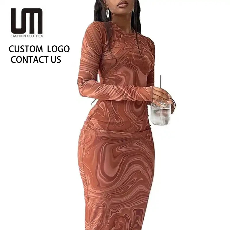 Liu Ming Hot Selling Custom Logo Women Printed O Neck Long Sleeve Maxi Dress for Party and Club