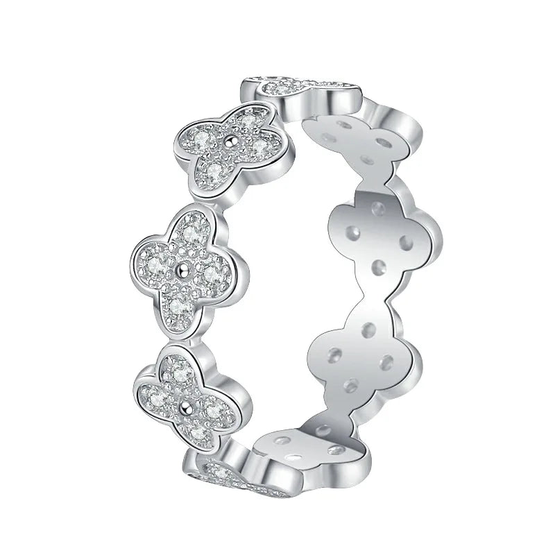 925 Sterling Silver Ring Moissanite Stone Fashion Clover Versatile Ring Plated with Platinum Cross Border Wedding Ring