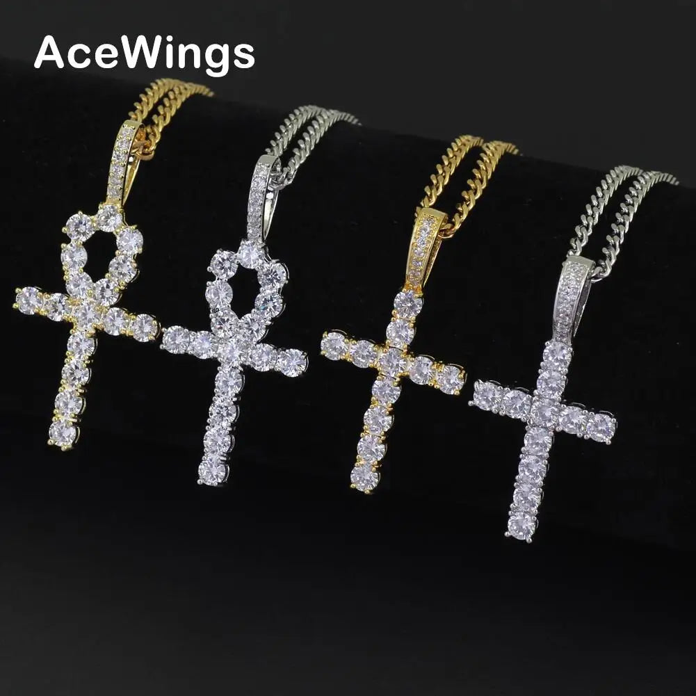 CN019 Hip Hop Anha Cross Pendant with Cuban Chain Brass Setting CZ Stones Necklace Jewelry for Men and Women