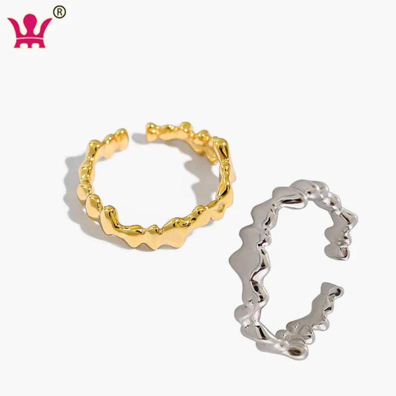 WMJF300 100% S925 Sterling Silver Irregular Wavy Ring Size Adjustable Ring for Fashion Women Girls Lady Jewelry