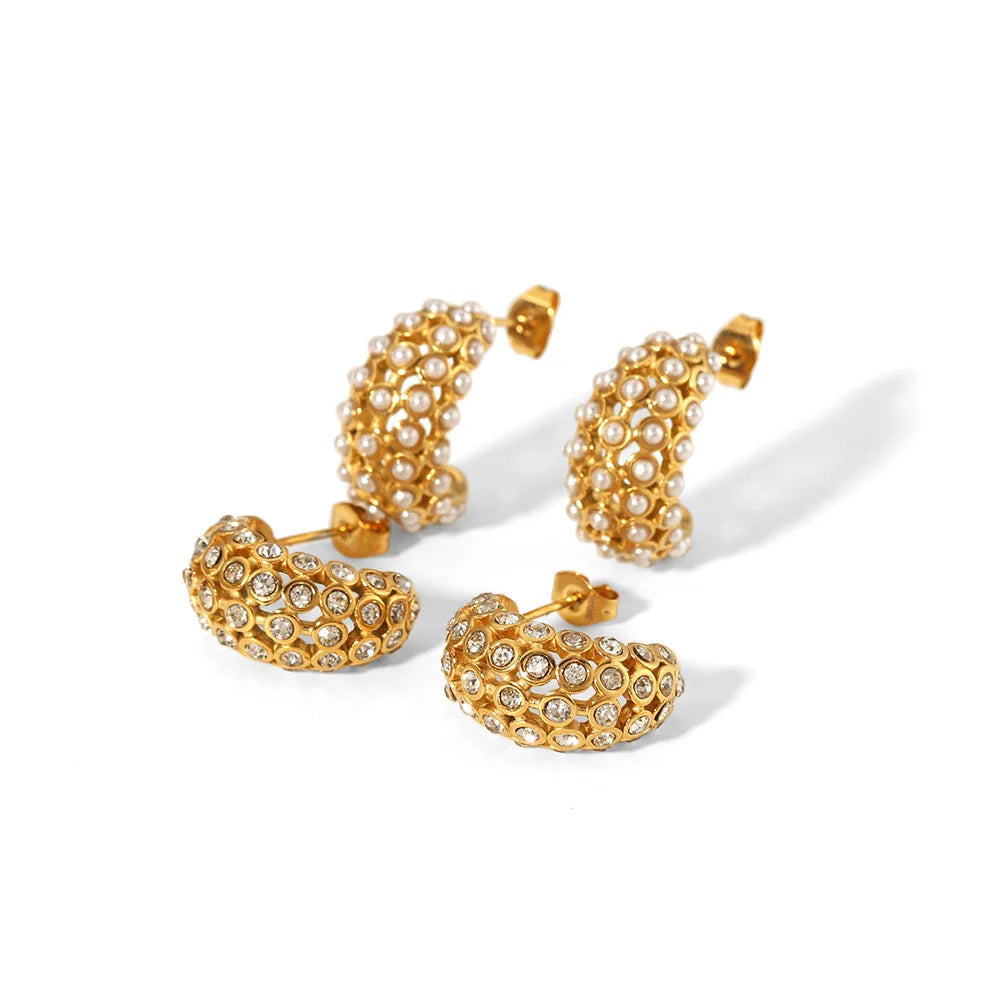 Newest Luxury Retro 18K Gold Plated Stainless Steel Earring Tarnish Free Waterproof Pearl Zircon C Shape Stud Earrings YF4160