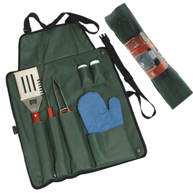 High Quality Stainless Steel 7PCS Apron BBQ Tools Grill Tools Set With Wooden Handle