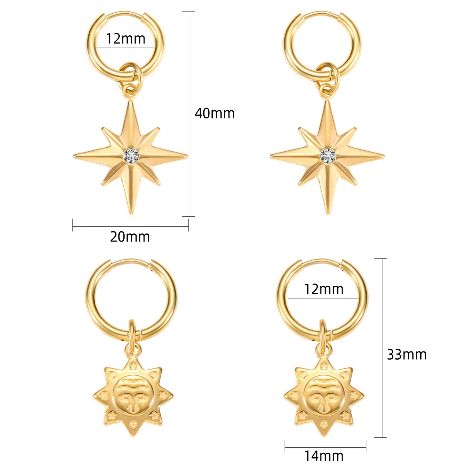 Fashion Stainless Steel Hoop Earrings Dainty Sun Star Circle Hoop Earrings for Girls Women Gift