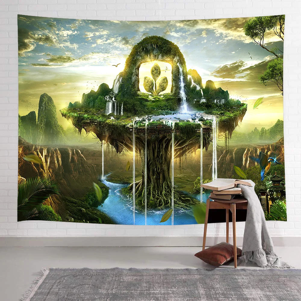 Psychedelic Tapestry Mountain Tree Foerst Waterfall Backdrop Hanging Tapestries